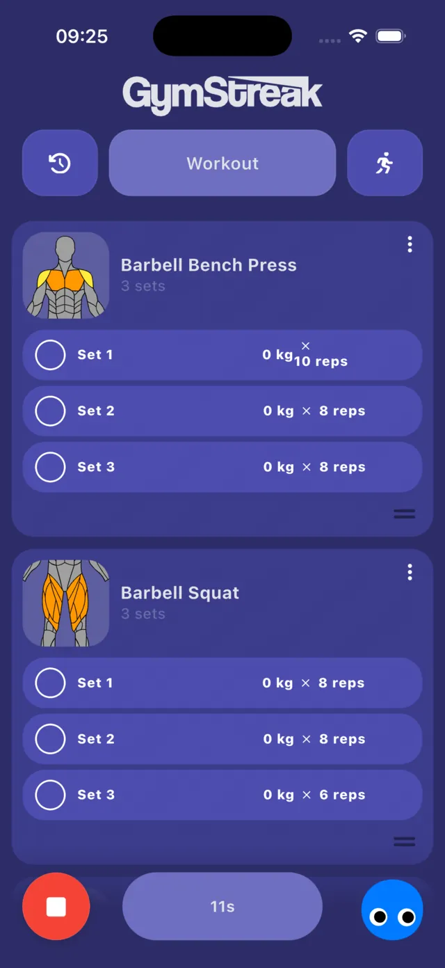 GymStreak active workout screen listing Barbell Bench Press and Barbell Squat with three sets each, a stop button and a running workout timer