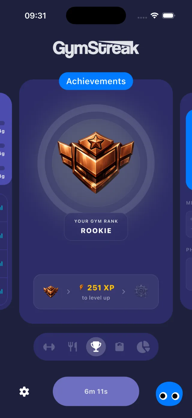 GymStreak achievements screen showing the Rookie gym rank badge and 251 XP to the next level