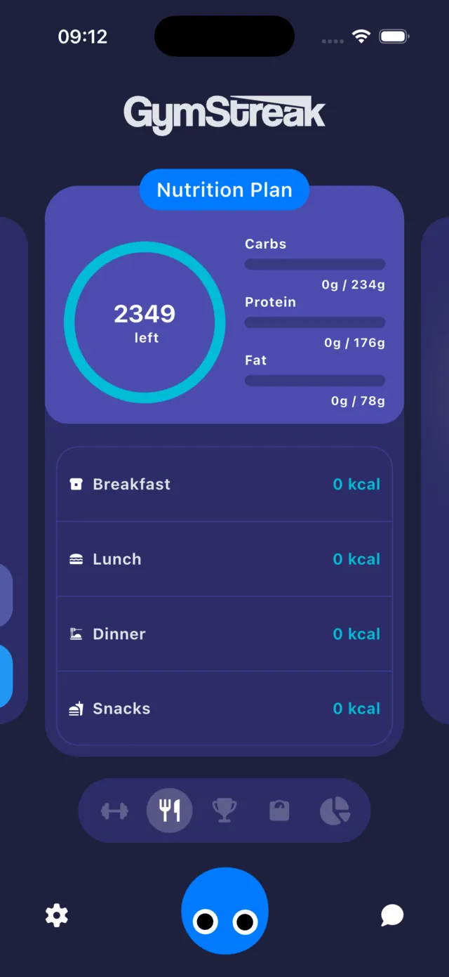 GymStreak nutrition plan: 2349 calories left today, carbs, protein and fat bars, and breakfast, lunch, dinner and snacks