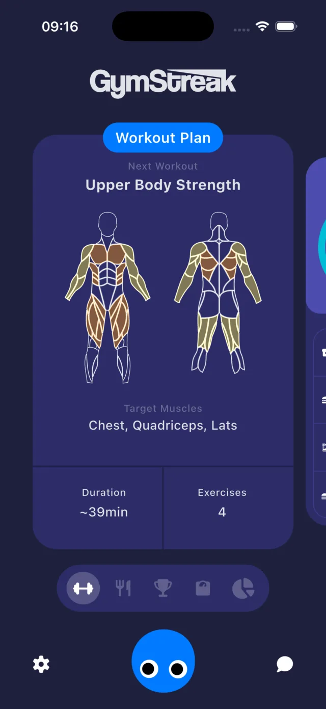 GymStreak Train tab showing the next workout in the plan, Upper Body Strength, with target muscles highlighted on a body map